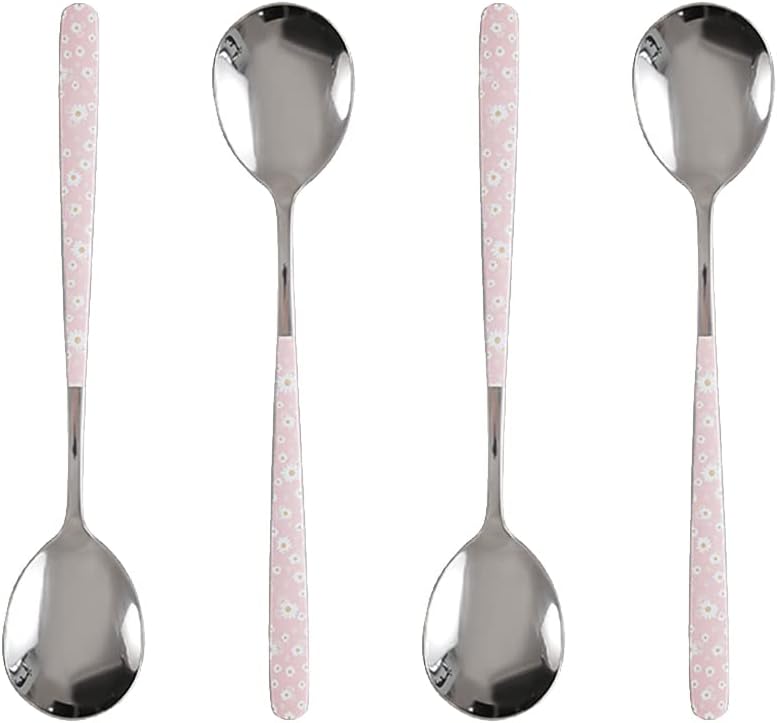 Stainless Steel Soup Spoon,Korean Dessert Pink Daisy Mixed Color Spoon for Home, Kitchen or Restaurant, Set of 4 Pink Daisy Colour Soup Spoons, 8 Inches.
