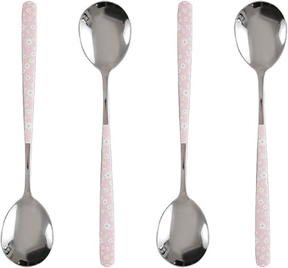 Stainless Steel Soup Spoon,Korean Dessert Pink Daisy Mixed Color Spoon for Home, Kitchen or Restaurant, Set of 4 Pink Daisy Colour Soup Spoons, 8 Inches.