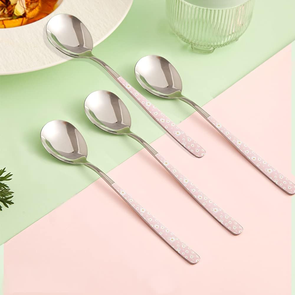 Stainless Steel Soup Spoon,Korean Dessert Pink Daisy Mixed Color Spoon for Home, Kitchen or Restaurant, Set of 4 Pink Daisy Colour Soup Spoons, 8 Inches.