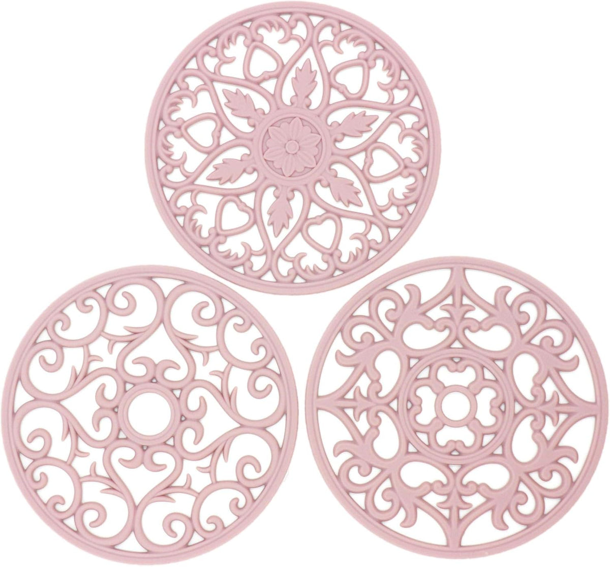 Smitchraft Silicone Trivets for Hot Dishes, Pots & Pans, Hot Pads for Kitchen Quartz Countertops, Silicone Pot Holders Mat, Multi-use Carved Heat Resistant Mat for Counter & Table, Set 3 Pink