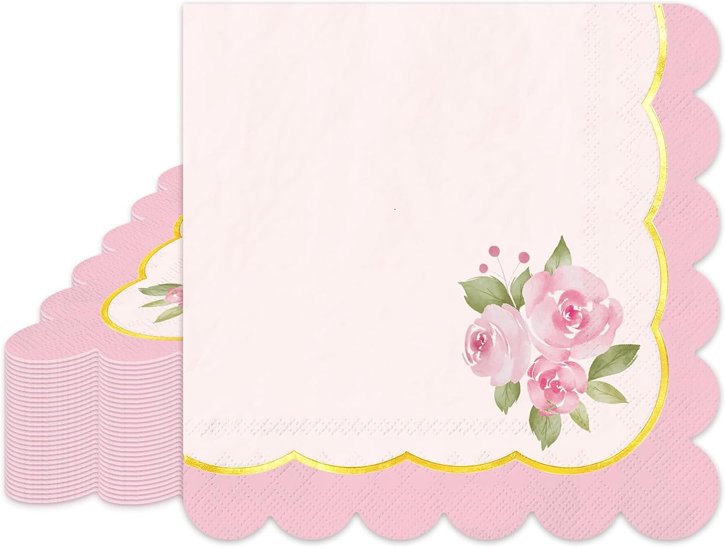 Whaline 50Pcs Pink Floral Scalloped Cocktail Napkins Disposable Napkin Gold Foil Watercolor Flower Beverage Napkin for Mother's Day Spring Birthday Wedding Tea Party Table Supplies
