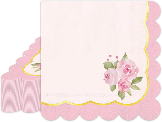 Whaline 50Pcs Pink Floral Scalloped Cocktail Napkins Disposable Napkin Gold Foil Watercolor Flower Beverage Napkin for Mother's Day Spring Birthday Wedding Tea Party Table Supplies