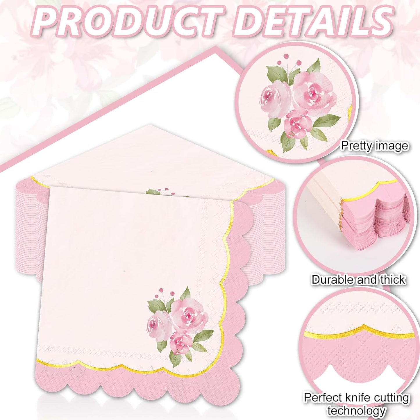 Whaline 50Pcs Pink Floral Scalloped Cocktail Napkins Disposable Napkin Gold Foil Watercolor Flower Beverage Napkin for Mother's Day Spring Birthday Wedding Tea Party Table Supplies