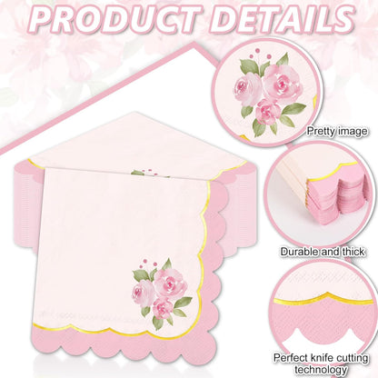 Whaline 50Pcs Pink Floral Scalloped Cocktail Napkins Disposable Napkin Gold Foil Watercolor Flower Beverage Napkin for Mother's Day Spring Birthday Wedding Tea Party Table Supplies
