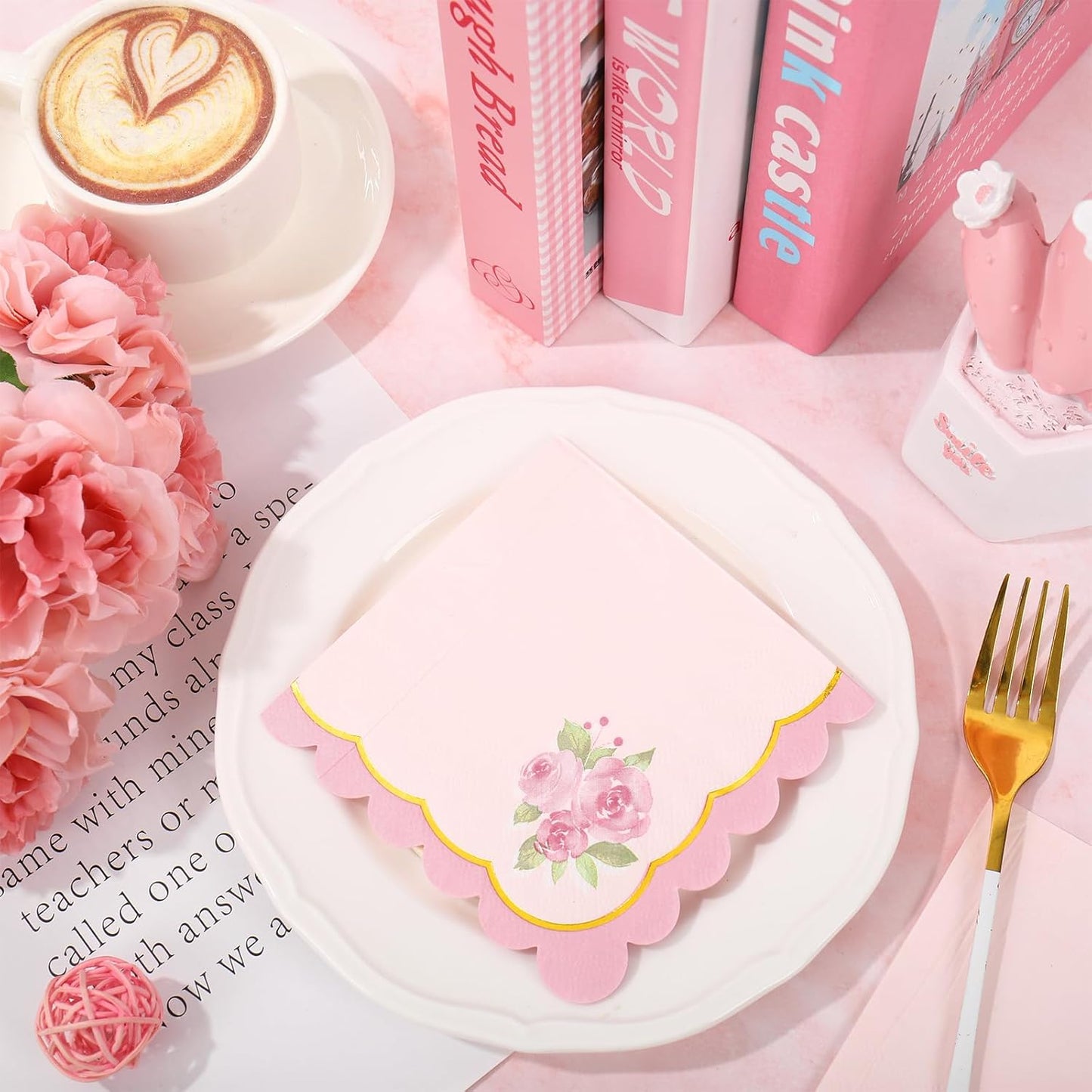 Whaline 50Pcs Pink Floral Scalloped Cocktail Napkins Disposable Napkin Gold Foil Watercolor Flower Beverage Napkin for Mother's Day Spring Birthday Wedding Tea Party Table Supplies