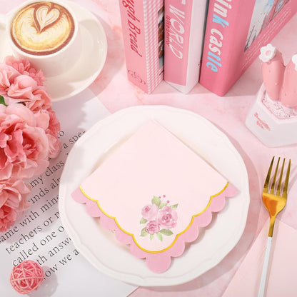 Whaline 50Pcs Pink Floral Scalloped Cocktail Napkins Disposable Napkin Gold Foil Watercolor Flower Beverage Napkin for Mother's Day Spring Birthday Wedding Tea Party Table Supplies