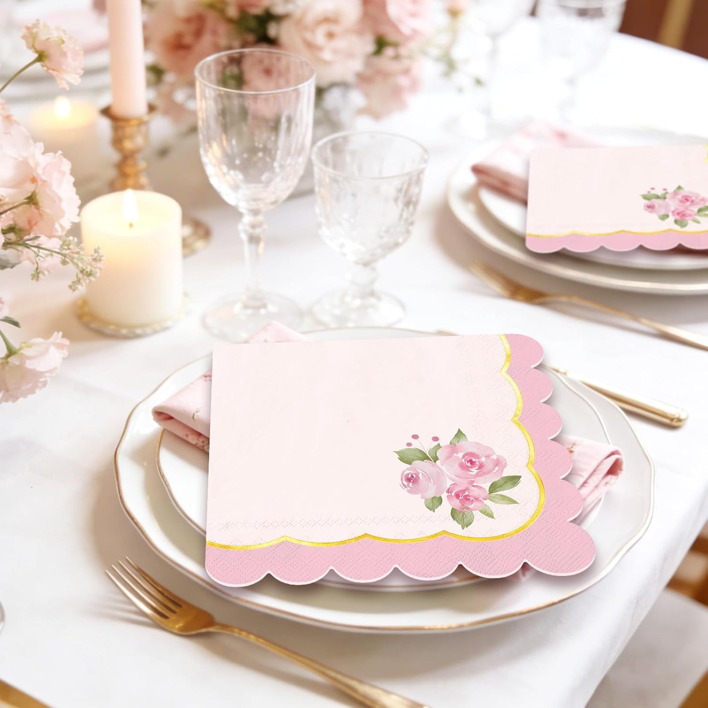 Whaline 50Pcs Pink Floral Scalloped Cocktail Napkins Disposable Napkin Gold Foil Watercolor Flower Beverage Napkin for Mother's Day Spring Birthday Wedding Tea Party Table Supplies