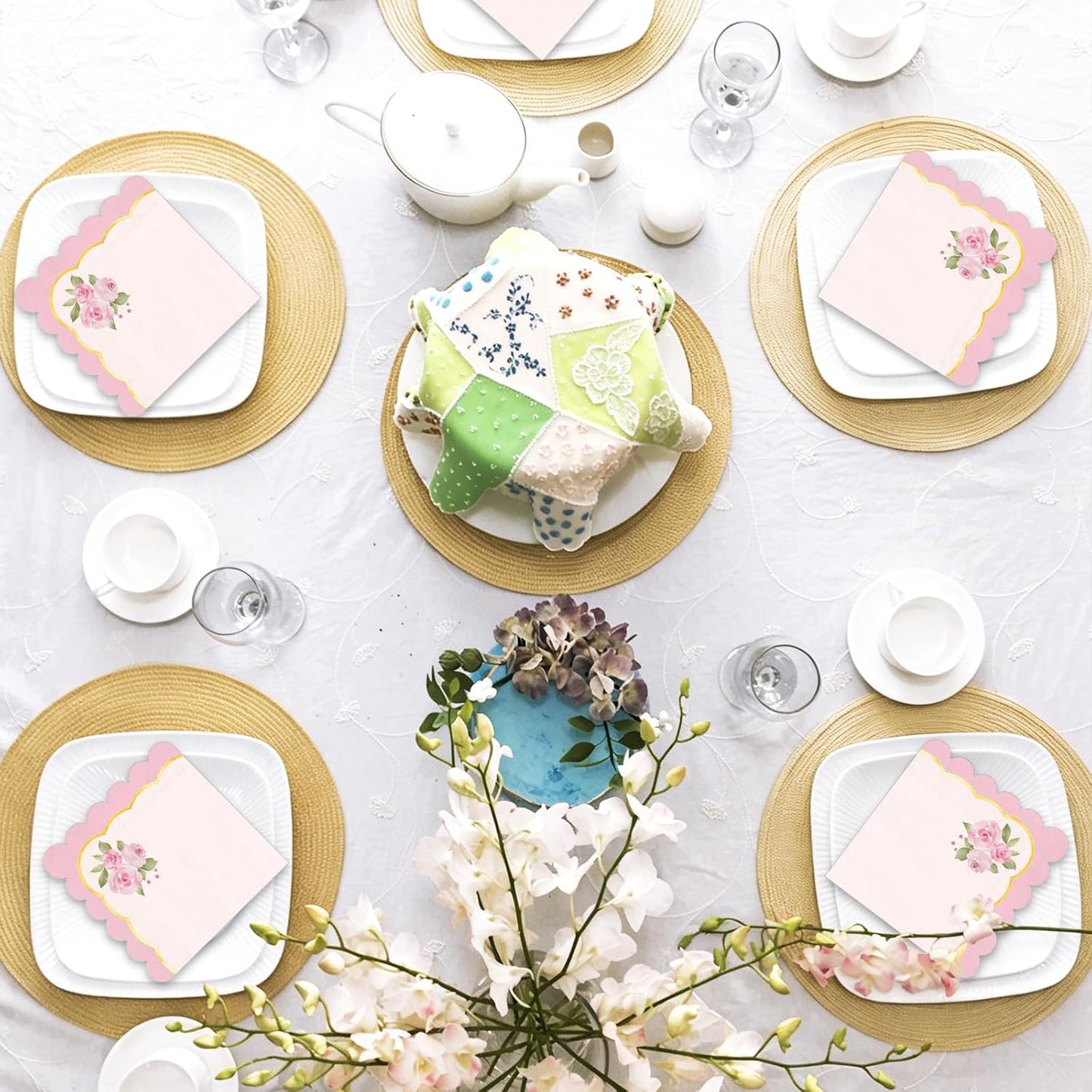Whaline 50Pcs Pink Floral Scalloped Cocktail Napkins Disposable Napkin Gold Foil Watercolor Flower Beverage Napkin for Mother's Day Spring Birthday Wedding Tea Party Table Supplies