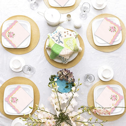 Whaline 50Pcs Pink Floral Scalloped Cocktail Napkins Disposable Napkin Gold Foil Watercolor Flower Beverage Napkin for Mother's Day Spring Birthday Wedding Tea Party Table Supplies