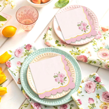 Whaline 50Pcs Pink Floral Scalloped Cocktail Napkins Disposable Napkin Gold Foil Watercolor Flower Beverage Napkin for Mother's Day Spring Birthday Wedding Tea Party Table Supplies