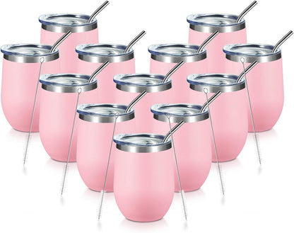 Stainless Steel Wine Tumbler Glass Bulk with Lid and Straw 12oz Double Wall Vacuum Insulated Travel Tumbler Cup for Coffee Wine Cocktails Ice Cream Cup, Light Pink, 12 pack