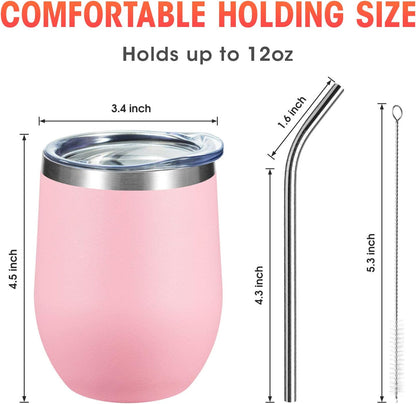Stainless Steel Wine Tumbler Glass Bulk with Lid and Straw 12oz Double Wall Vacuum Insulated Travel Tumbler Cup for Coffee Wine Cocktails Ice Cream Cup, Light Pink, 12 pack