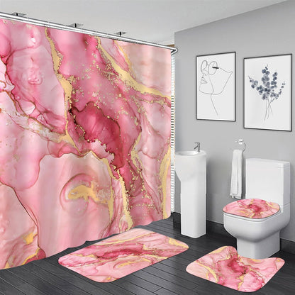 4Pcs Pink Marble Shower Curtain Set Gold Bathroom Sets with Rugs