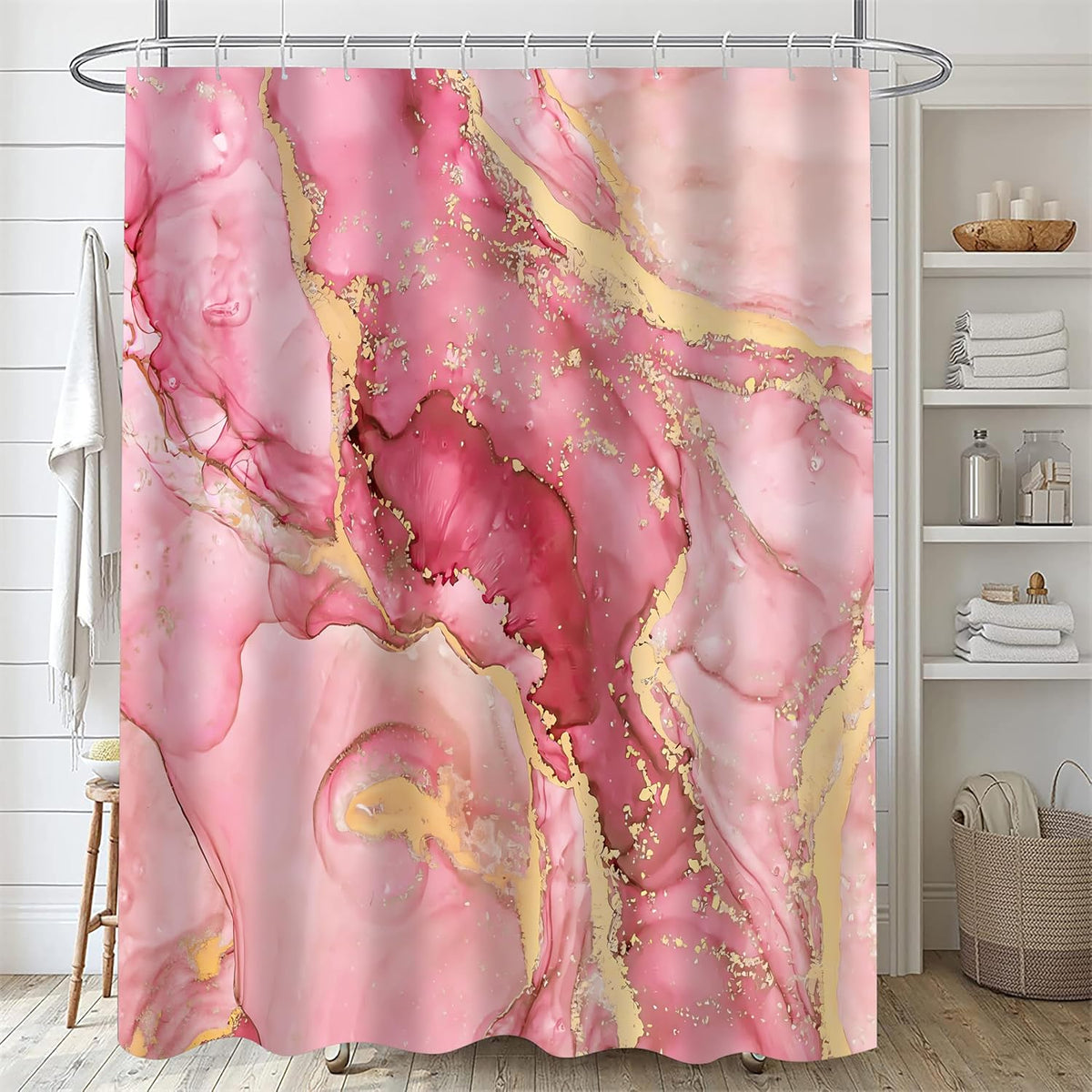 4Pcs Pink Marble Shower Curtain Set Gold Bathroom Sets with Rugs