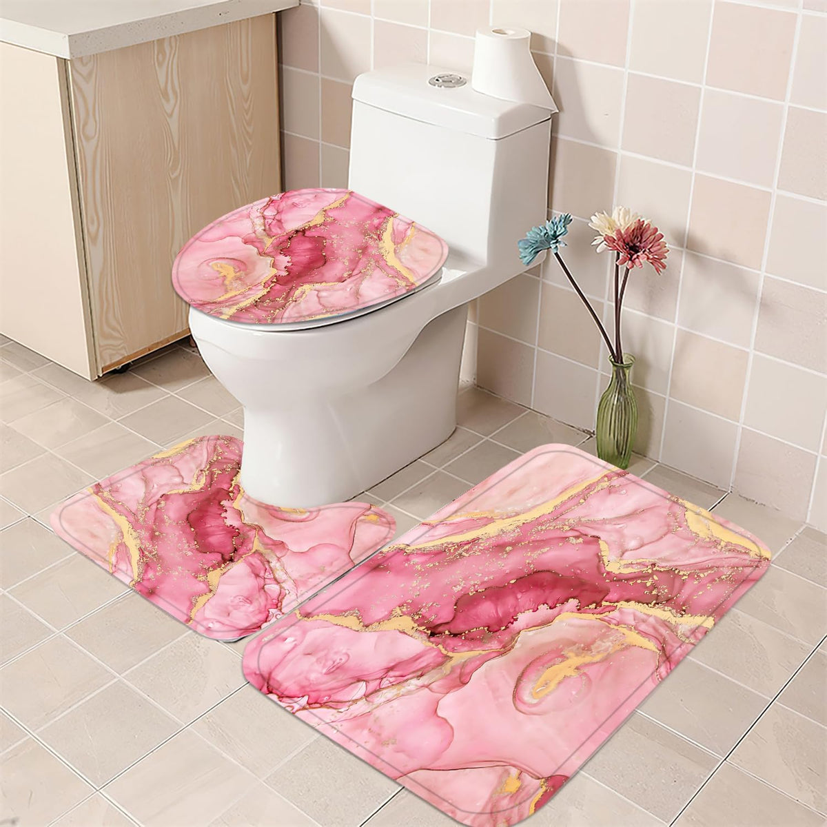 4Pcs Pink Marble Shower Curtain Set Gold Bathroom Sets with Rugs