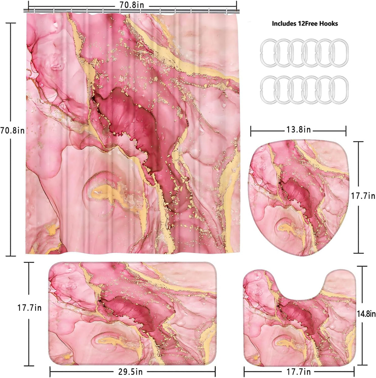 4Pcs Pink Marble Shower Curtain Set Gold Bathroom Sets with Rugs