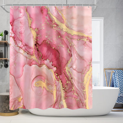 4Pcs Pink Marble Shower Curtain Set Gold Bathroom Sets with Rugs