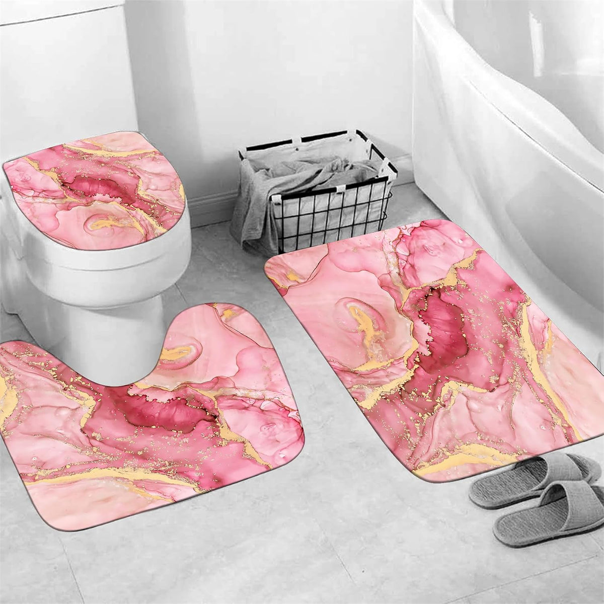 4Pcs Pink Marble Shower Curtain Set Gold Bathroom Sets with Rugs