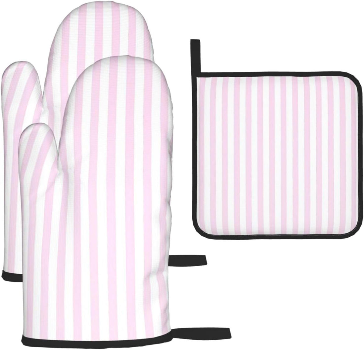 Pink White Stripes Oven Mitts 3pcs Set