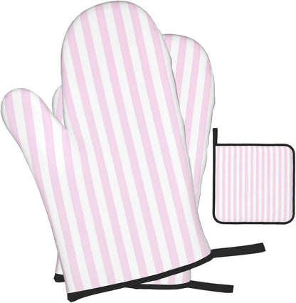 Pink White Stripes Oven Mitts 3pcs Set