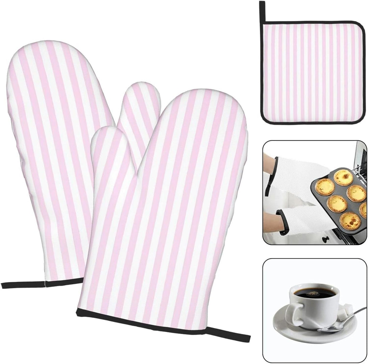 Pink White Stripes Oven Mitts 3pcs Set