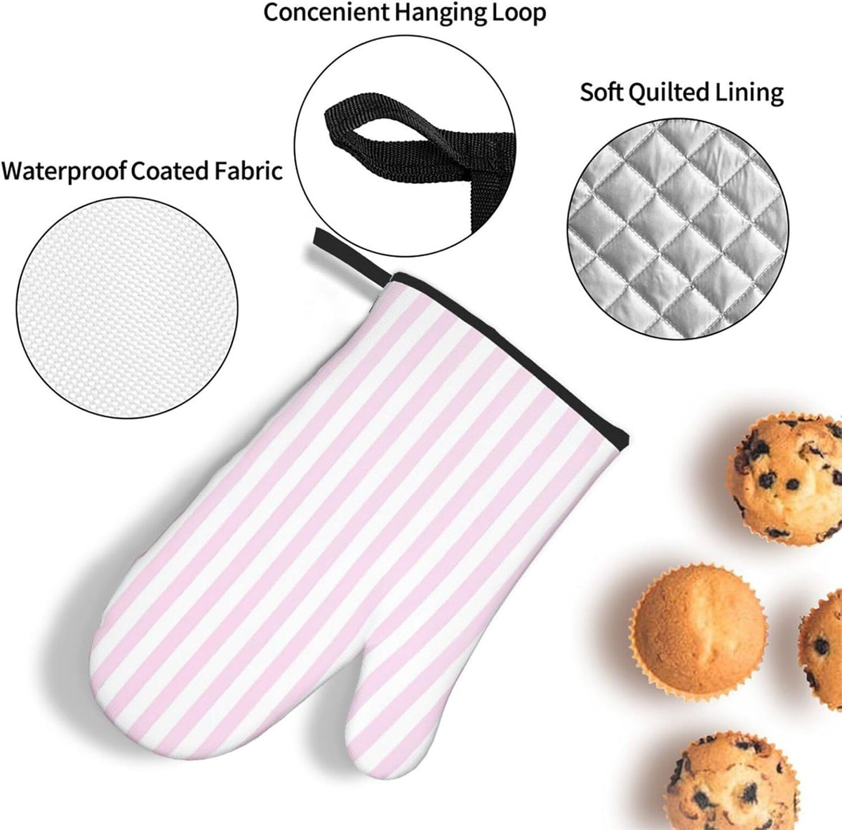 Pink White Stripes Oven Mitts 3pcs Set