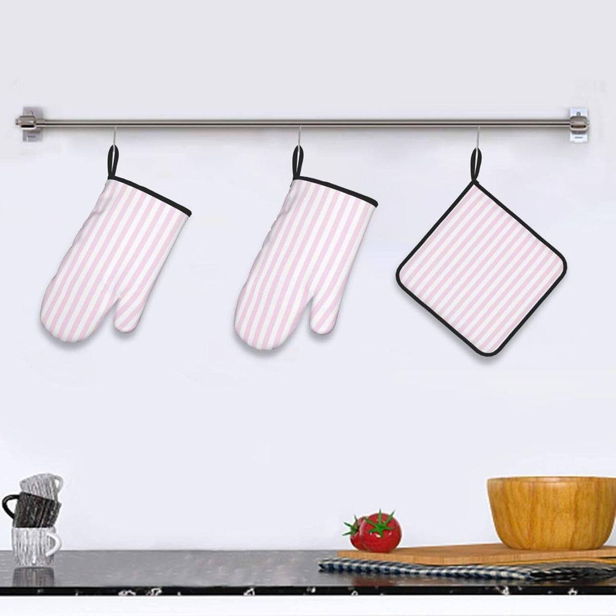 Pink White Stripes Oven Mitts 3pcs Set