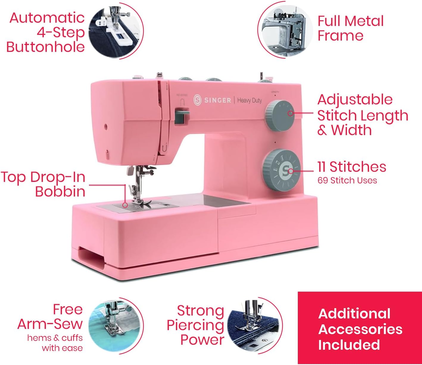 ® Heavy Duty 4411 (Pink) High Speed Sewing Machine + Accessories | 11 Built-In Stitches Deliver 69 Stitch Applications | 60% More Power, 1100 Stitches/Min | Metal Frame, 4-Step Buttonhole