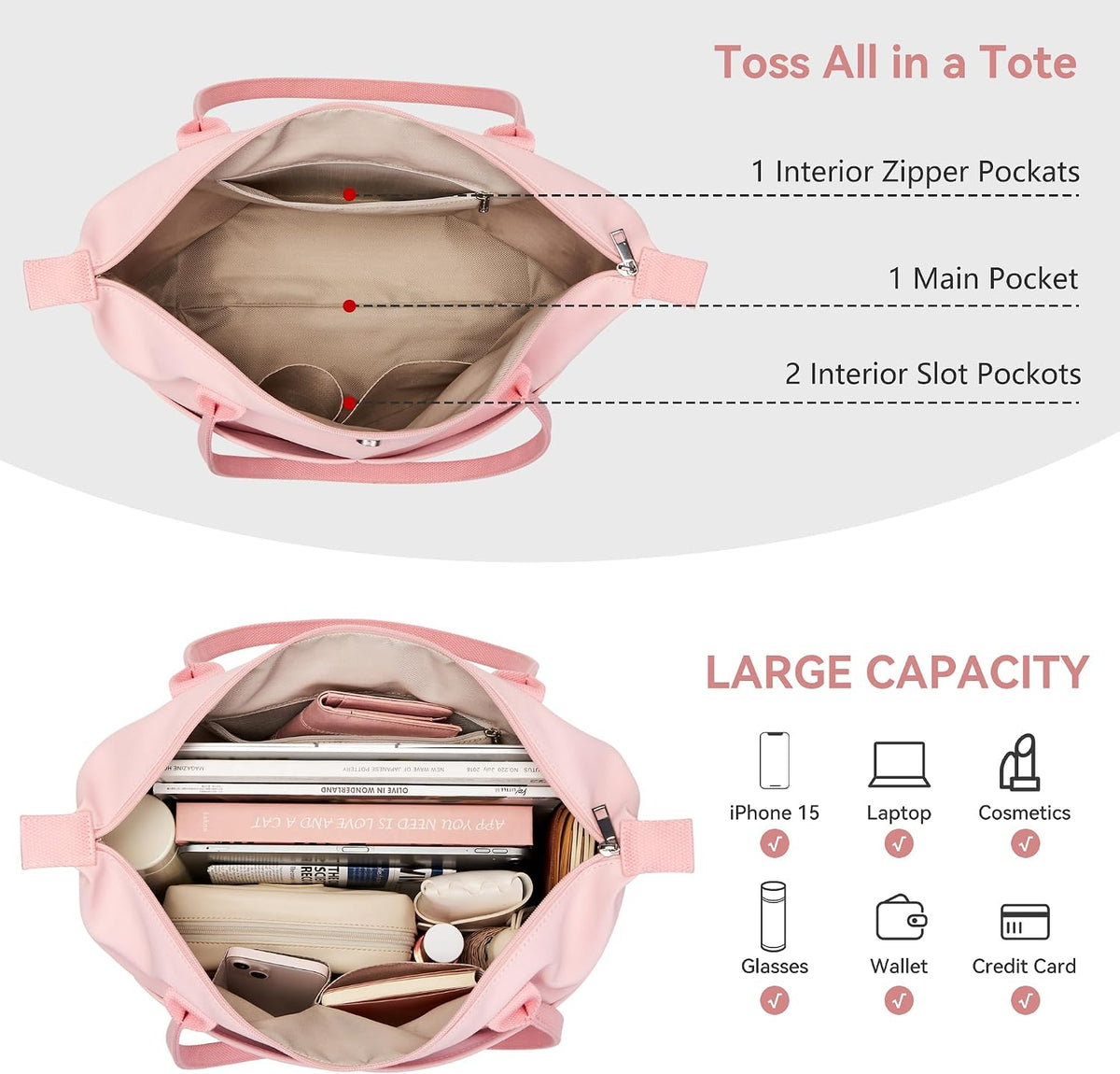 Tote Bag for Women, Casual Hobo Foldable Shoulder Zipper Handbag