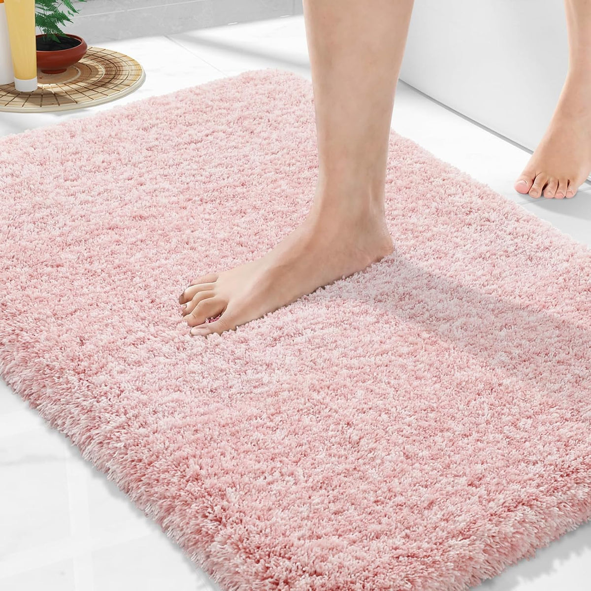 Pink&White Bathroom Rugs Non Slip Washable 32x20, Plush Bath Mat