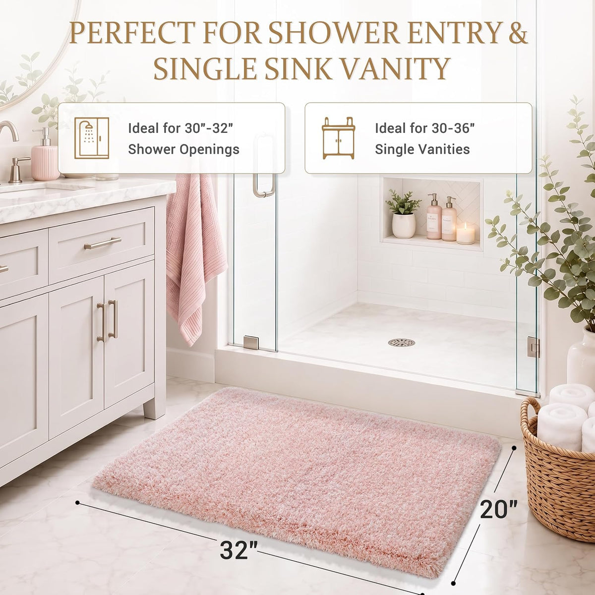 Pink&White Bathroom Rugs Non Slip Washable 32x20, Plush Bath Mat