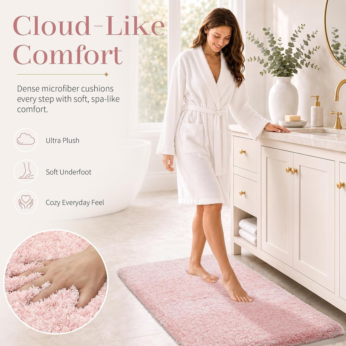 Pink&White Bathroom Rugs Non Slip Washable 32x20, Plush Bath Mat