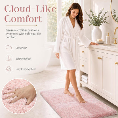 Pink&White Bathroom Rugs Non Slip Washable 32x20, Plush Bath Mat