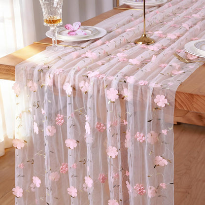 Ivory Gauze Table Runner Pink Embroidery 3D Flower Tulle Table Runner 1PCS