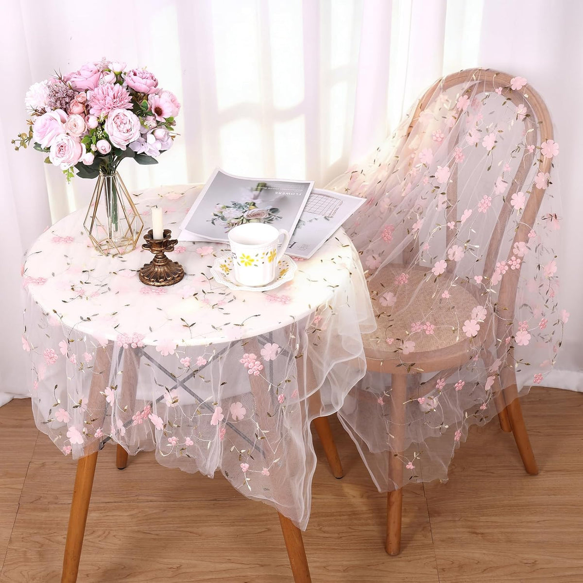 Ivory Gauze Table Runner Pink Embroidery 3D Flower Tulle Table Runner 1PCS