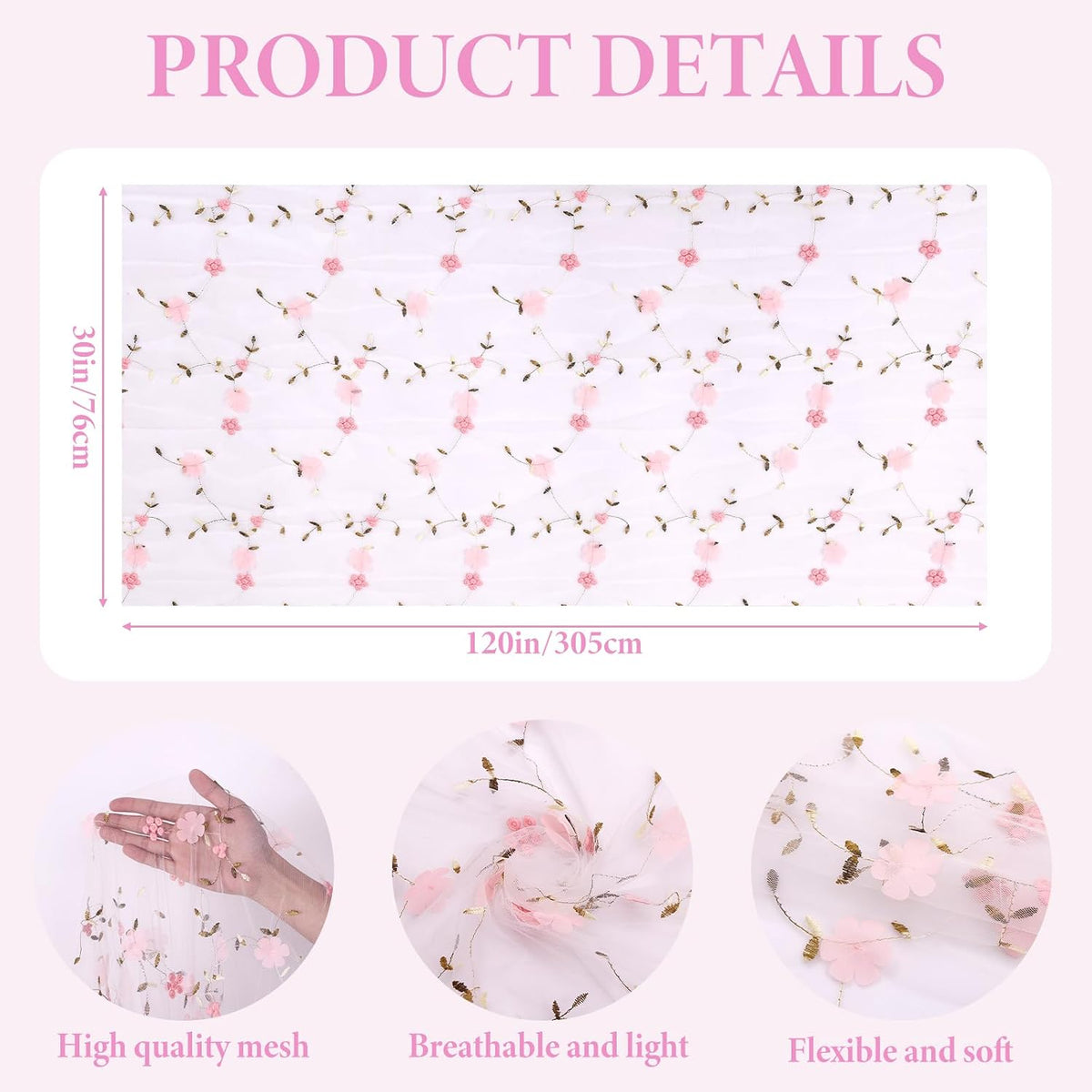 Ivory Gauze Table Runner Pink Embroidery 3D Flower Tulle Table Runner 1PCS