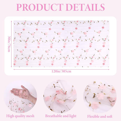 Ivory Gauze Table Runner Pink Embroidery 3D Flower Tulle Table Runner 1PCS