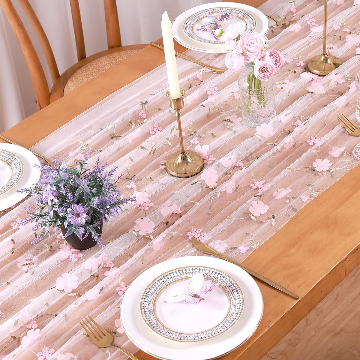 Ivory Gauze Table Runner Pink Embroidery 3D Flower Tulle Table Runner 1PCS