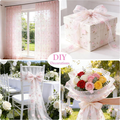 Ivory Gauze Table Runner Pink Embroidery 3D Flower Tulle Table Runner 1PCS
