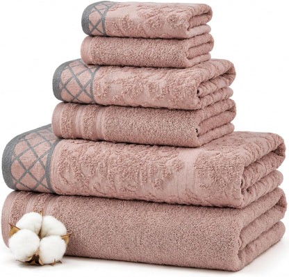 6 Piece Bath Towel Set – Bathroom Towel Set with 2 Bath Towels, 2 Hand Towels & 2 Washcloths – 100% Cotton, Soft & Absorbent – Diamond Border (Blush)