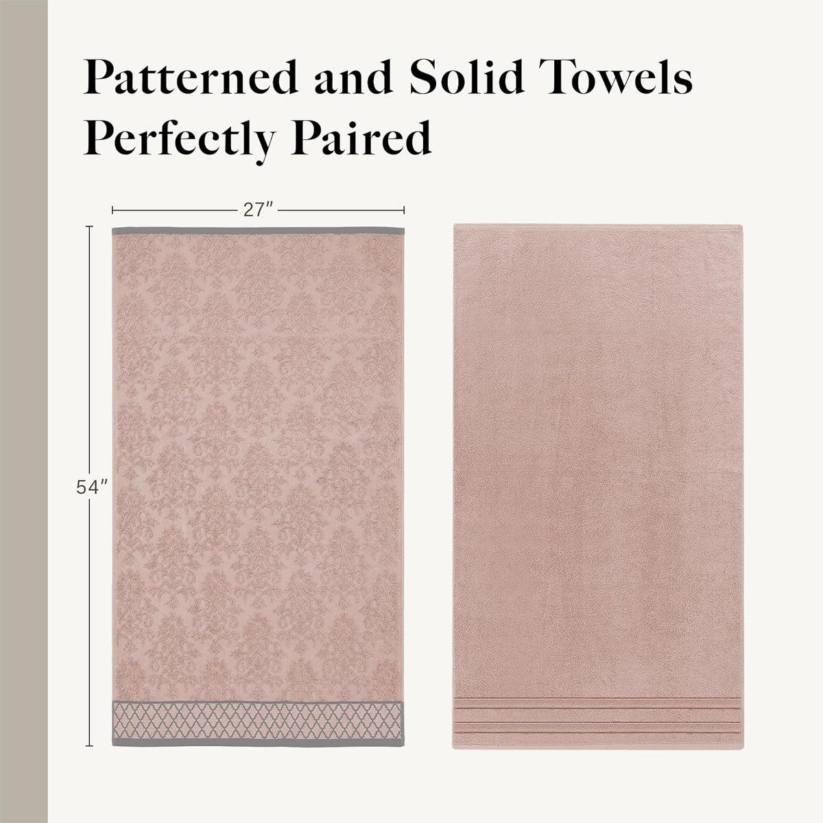 6 Piece Bath Towel Set – Bathroom Towel Set with 2 Bath Towels, 2 Hand Towels & 2 Washcloths – 100% Cotton, Soft & Absorbent – Diamond Border (Blush)