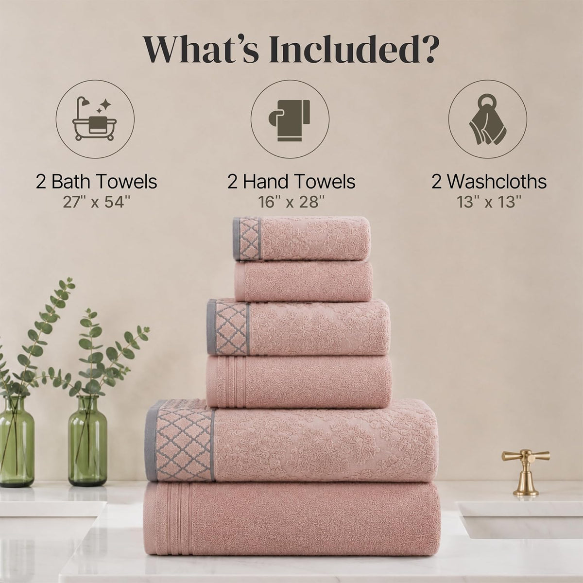 6 Piece Bath Towel Set – Bathroom Towel Set with 2 Bath Towels, 2 Hand Towels & 2 Washcloths – 100% Cotton, Soft & Absorbent – Diamond Border (Blush)