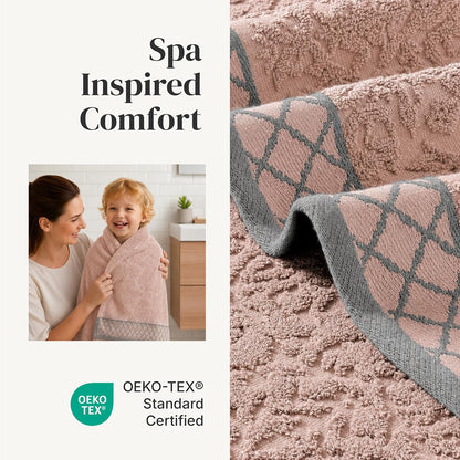 6 Piece Bath Towel Set – Bathroom Towel Set with 2 Bath Towels, 2 Hand Towels & 2 Washcloths – 100% Cotton, Soft & Absorbent – Diamond Border (Blush)