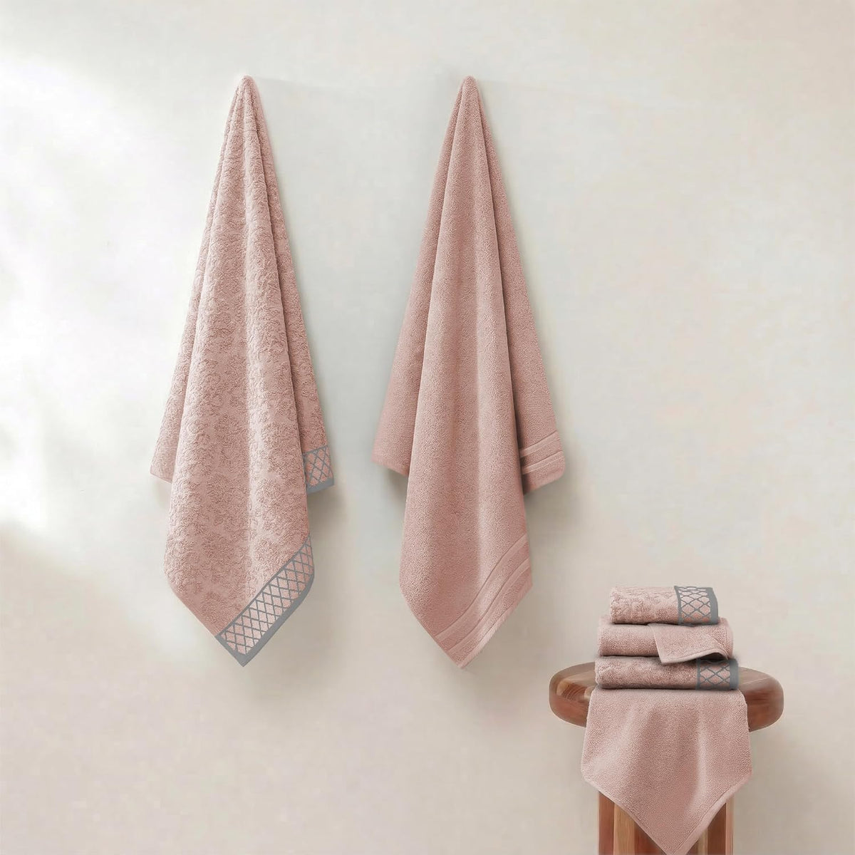 6 Piece Bath Towel Set – Bathroom Towel Set with 2 Bath Towels, 2 Hand Towels & 2 Washcloths – 100% Cotton, Soft & Absorbent – Diamond Border (Blush)