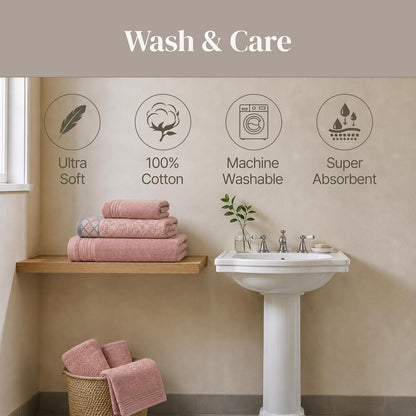 6 Piece Bath Towel Set – Bathroom Towel Set with 2 Bath Towels, 2 Hand Towels & 2 Washcloths – 100% Cotton, Soft & Absorbent – Diamond Border (Blush)