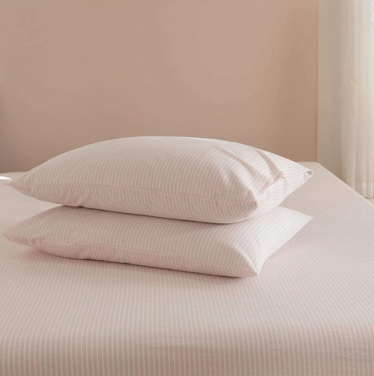 JIYUAN Standard Washed Cotton Pillowcases, Set of 2, Linen-Like Pinstripe