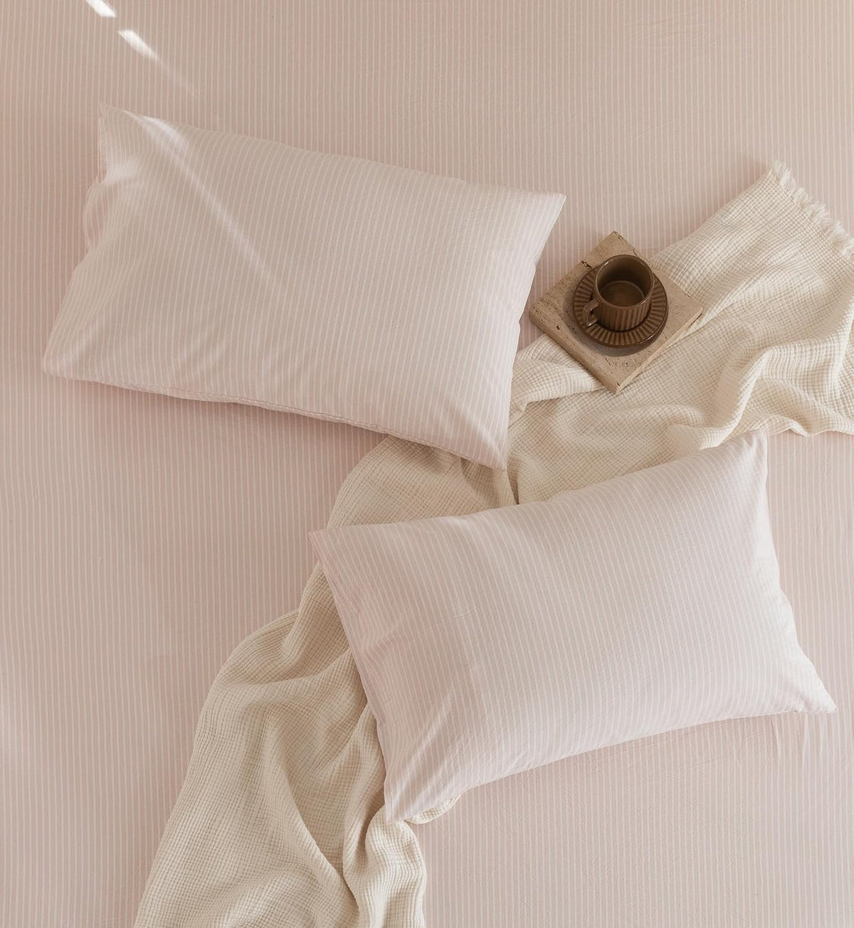 JIYUAN Standard Washed Cotton Pillowcases, Set of 2, Linen-Like Pinstripe