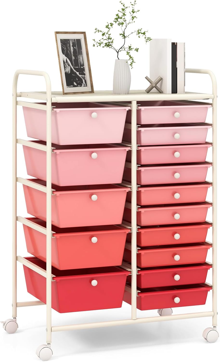 15-Drawer Storage Drawer Carts - Mobile Rolling Utility Cart w/Wheels, Craft Organizer for Classroom Organization and Storage, School, Office, Home, Storage Organizer Cart (Gradient Pink)