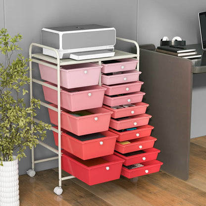 15-Drawer Storage Drawer Carts - Mobile Rolling Utility Cart w/Wheels, Craft Organizer for Classroom Organization and Storage, School, Office, Home, Storage Organizer Cart (Gradient Pink)