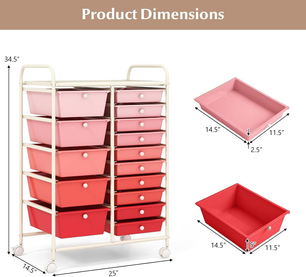 15-Drawer Storage Drawer Carts - Mobile Rolling Utility Cart w/Wheels, Craft Organizer for Classroom Organization and Storage, School, Office, Home, Storage Organizer Cart (Gradient Pink)